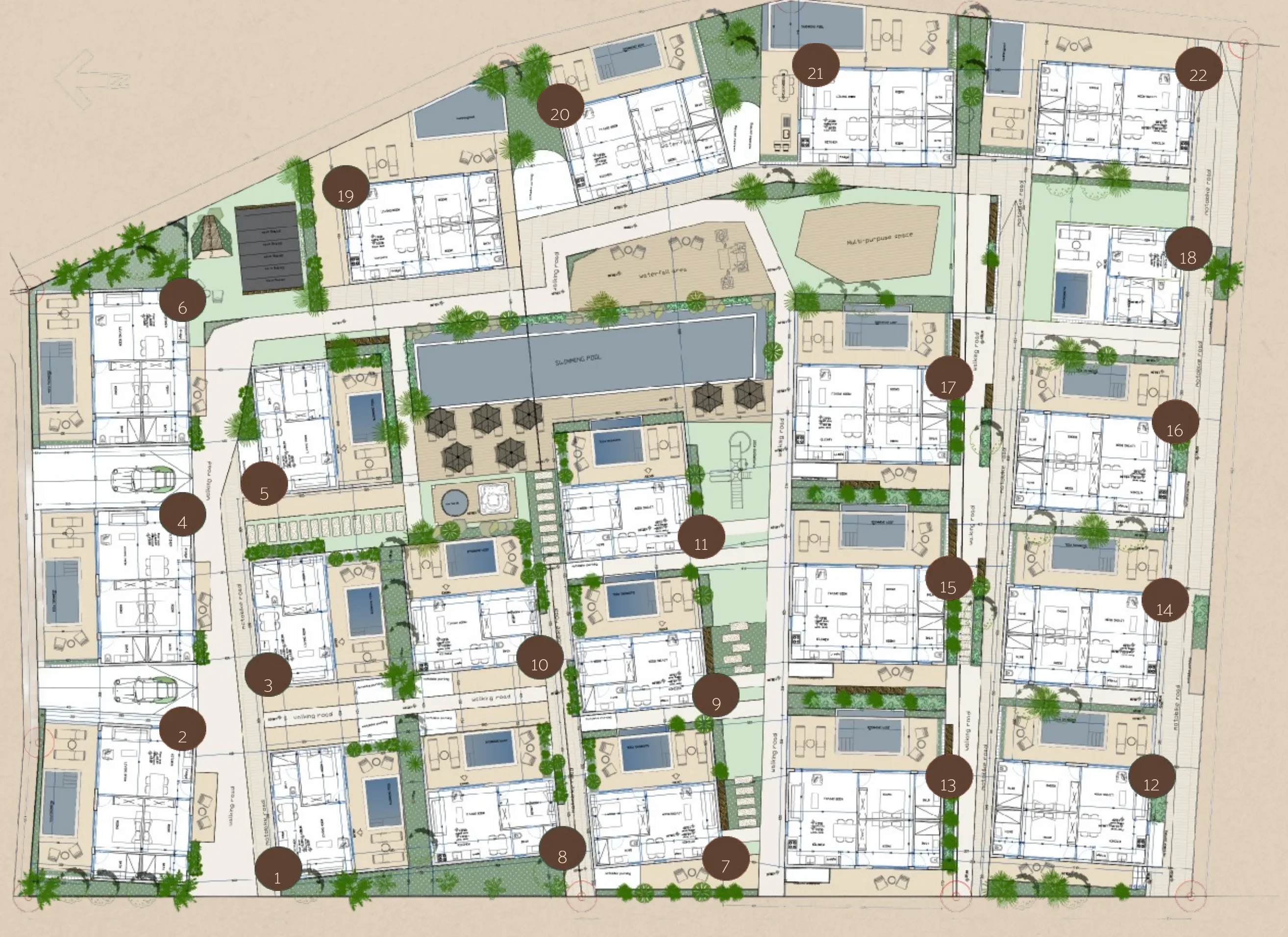 Bána Villa master plan with the 22 numbered villa lots, garden paths and the shared pool